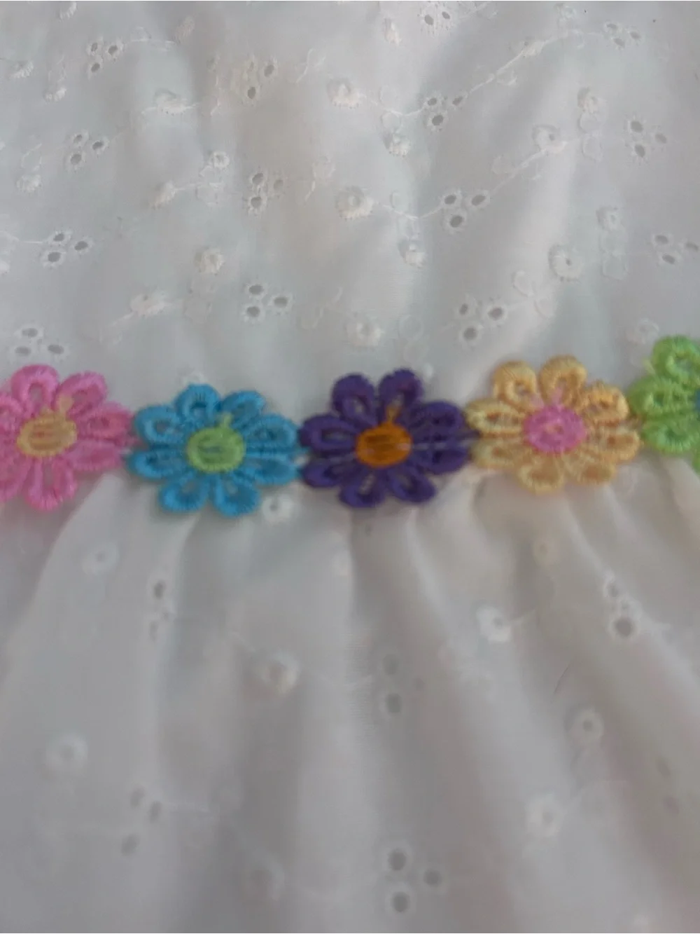 White Eyelet Sundress with Neon Colored Flowers Trim for Kids. Size 8